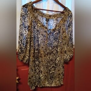 Faded Glory Black & Tan Paisley Peasant Blouse